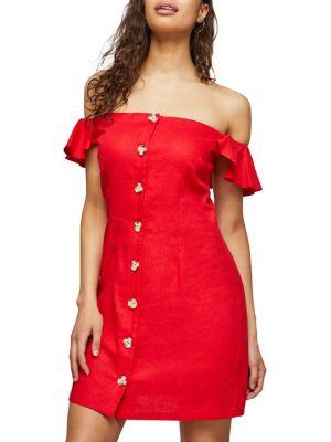 Miss Selfridge Ruffled Button Bardot Off-the-shoulder Dress