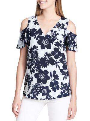 Calvin Klein Floral & Striped Cold-shoulder Top