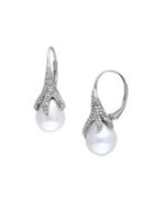 Sonatina Sterling Silver, Diamond & 9.5mm-10mm White Rice Pearl Drop Earrings