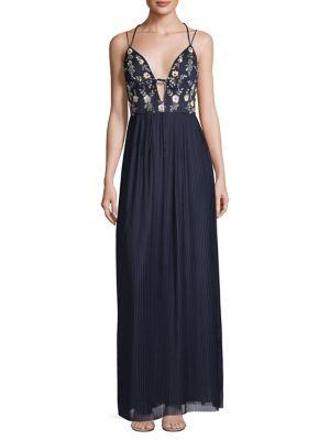 Aidan By Aidan Mattox Pleated Mesh Beaded Gown