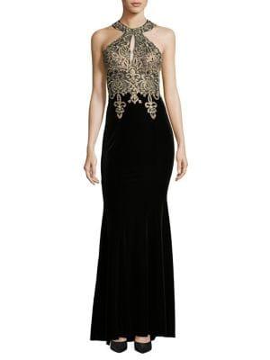 Xscape Petite Embroidered Velvet Gown