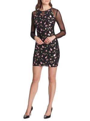 Guess Sheer-sleeve Floral-print Bodycon Dress