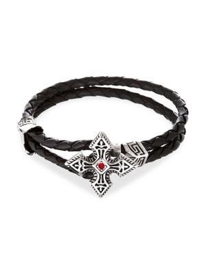 Lord & Taylor Cross Stainless Steel, Leather & Crystal Bracelet