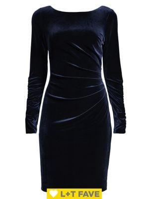 Vince Camuto Velvet Ruched Long-sleeve Sheath Dress