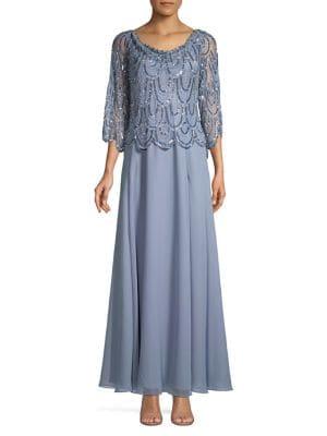 J Kara Sequin Scalloped Chiffon Gown