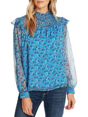 Cece By Cynthia Steffe Vivid Vibes Floral Chiffon Smocked Top