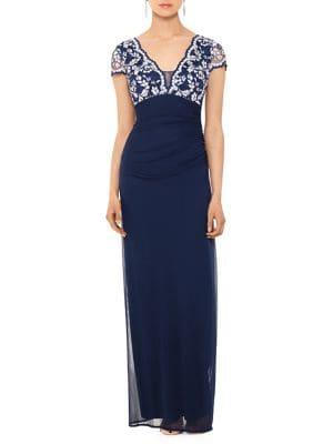 Betsy & Adam Scalloped Lace Bodice Column Gown