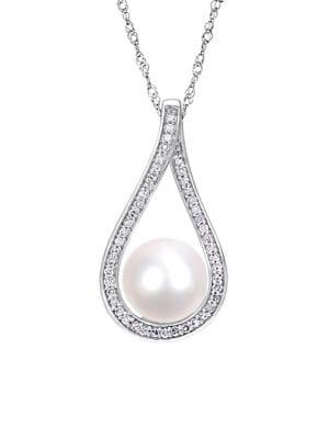 Sonatina 9-9.5mm Cultured Freshwater Pearl, Diamond And 14k White Gold Teardrop Necklace