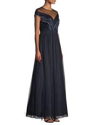 Aidan By Aidan Mattox Beaded Fringe Mesh Gown