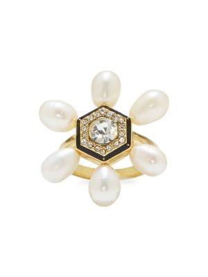 Vince Camuto Maldives Goldtone, 10mm Pearl & Crystal Cocktail Ring