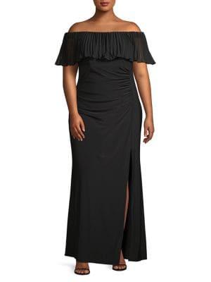 Xscape Plus Off-the-shoulder Ruffle Flounce Gown