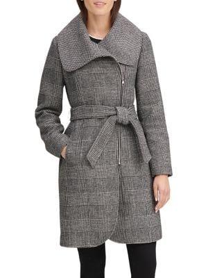 Karl Lagerfeld Paris Belted Plaid Wrap Coat