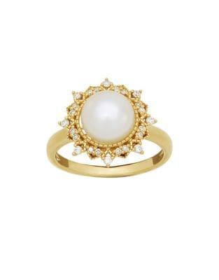 Lord & Taylor Freshwater Pearl, Diamond And 14k Yellow Gold Ring