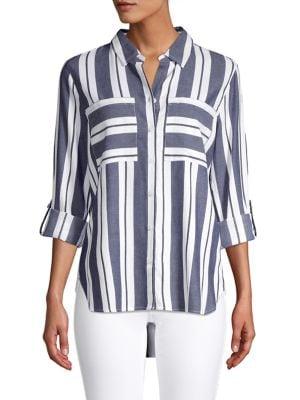 Per Se Striped Button-down Blouse