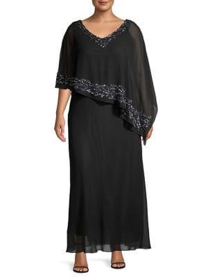 J Kara Plus Embellished Beaded Capelet Gown
