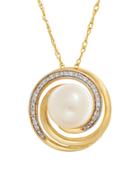 Lord & Taylor 9mm Freshwater Pearl, Diamonds And 14k Yellow Gold Swirl Pendant Necklace
