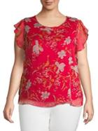 Vince Camuto Plus Ruffle-sleeve Wildflower Knit Underlay Blouse