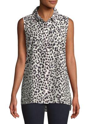 Ellen Tracy Printed Sleeveless Button-down Shirt