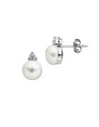 Lord & Taylor Freshwater Pearl And Diamond Stud Earrings In 14 Kt White Gold