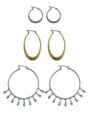 Lucky Brand Goldtone And Silvertone Beaded Triple Hoop Earrings Set