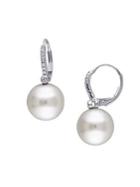 Sonatina 14k White Gold,11-12mm White Round Pearl & Diamond Drop Earrings