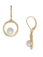 Lord & Taylor 7mm White Button Pearl, Diamond & 14k Yellow Gold Drop Earrings