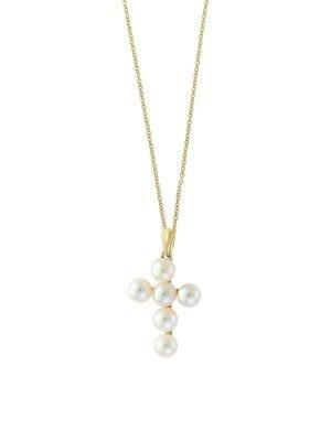 Effy 14k Yellow Gold And 4mm Freshwater Pearl Cross Pendant Necklace