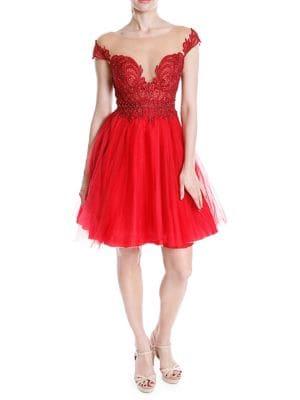 Glamour By Terani Couture Cap-sleeve Beaded Tulle Flare Dress