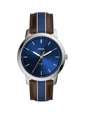 Fossil Minimalist Stainless Steel & Striped Leather-strap Watch