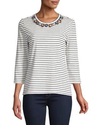 Imnyc Isaac Mizrahi Floral Necklace Stripe Top