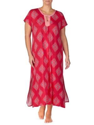 Ellen Tracy Plus Printed Eyelet-trimmed Caftan