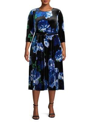 Calvin Klein Plus Belted Floral Velvet Dress