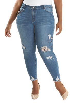 La La Anthony Faux Pearl Skinny Jeans