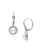 Sonatina Sterling Silver, Diamond & 7.5-8mm White Button Pearl & Filigree Halo Earrings