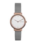 Skagen Ancher Two-tone Stainless Steel Mesh Bracelet Watch And Katrine Reversible Heart Pendant Necklace