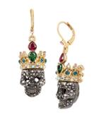 Betsey Johnson Skeletons After Dark Two-toned Pave Crowned Skull Drop Earrings