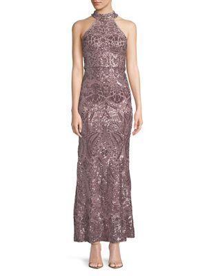 Betsy & Adam Sequined Mockneck Gown