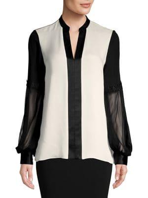Elie Tahari Silk Colorblock Long Sleeve Blouse