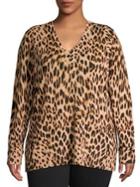 Lord & Taylor Plus Leopard-print V-neck Wool Sweater