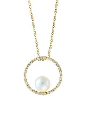 Effy 7mm Freshwater Pearl, Diamond And 14k Yellow Gold Pendant Necklace