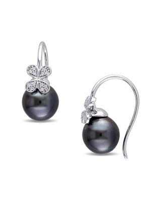 Sonatina Tahitian Cultured Pearl, Diamond And 14k White Gold Floral Earrings