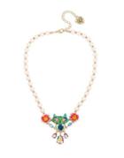 Betsey Johnson Granny Chic Faux Pearl And Crystal Colorful Cat Frontal Necklace