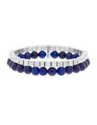 Steve Madden Silver-tone Stainless Steel Oxidized Cube And Lapis Bead Double Layered Stretch Bracelet