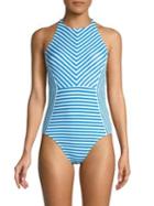 Tommy Bahama Palm Party Striped Highneck Swimsuit