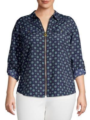 Michael Kors Plus Medallion-print Zip-front Blouse