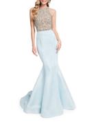 Glamour By Terani Couture Beaded Sleeveless Train Gown