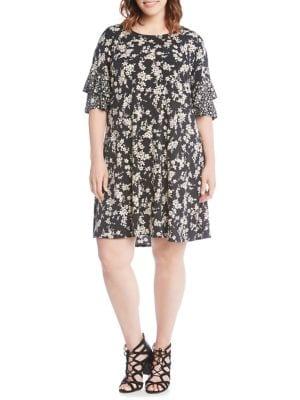 Karen Kane Plus Floral-print Ruffle-sleeve Dress