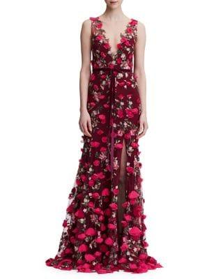 Marchesa Notte 3d Floral Floor-length Gown