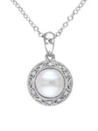 Sonatina Sterling Silver, 7.5-8mm White Button Pearl & Diamond Halo Pendant Necklace