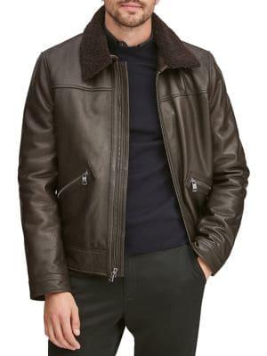 Andrew Marc Kilmer Removable Shearling Collar Leather Bomber Jacket